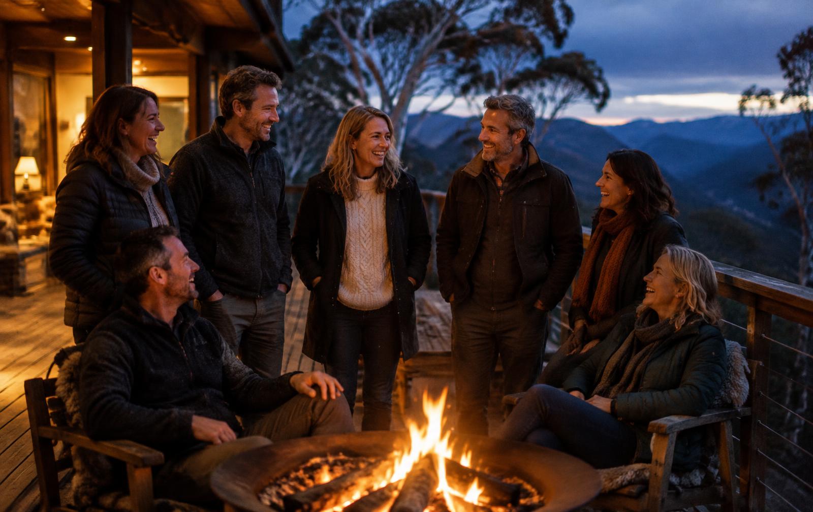 Friends with drinks on the verandah of a timber mountain lodge at dusk