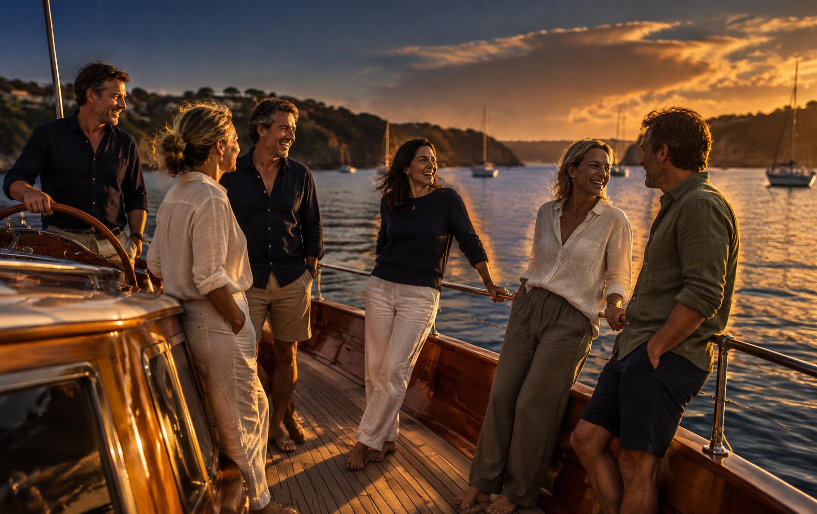 Friends laughing together on the deck of a wooden boat moored in a harbour at sunset