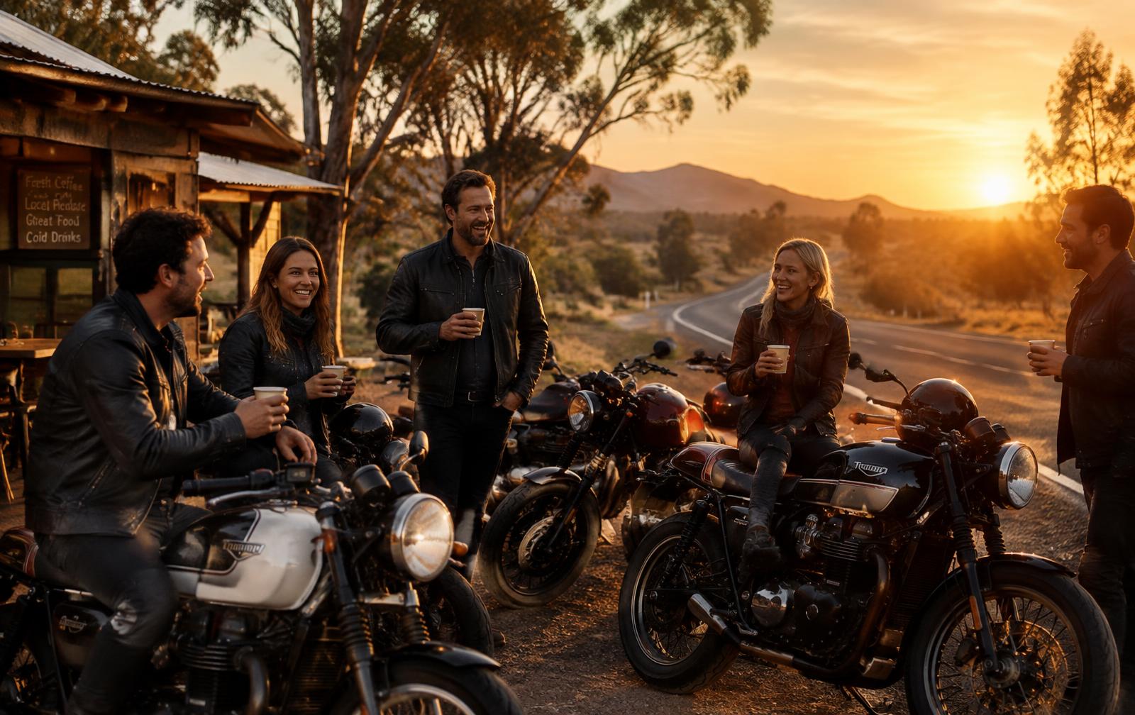 A group of riders with their bikes at a roadside coffee stop at golden dawn