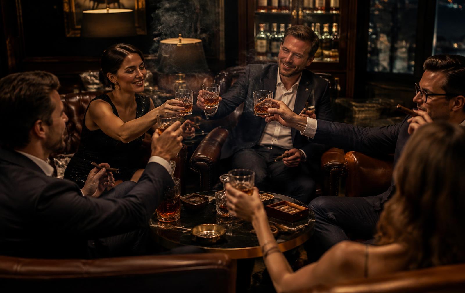 Friends raising glasses in a private whisky and cigar lounge
